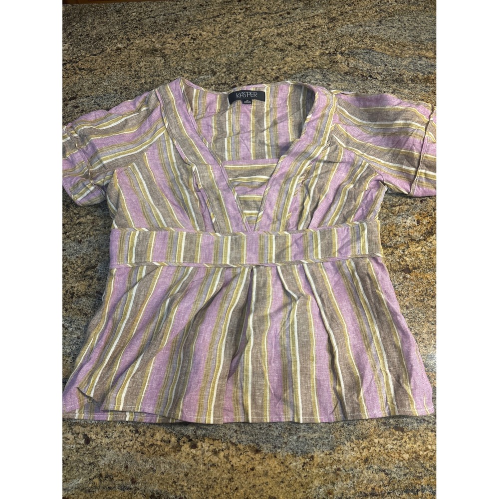 Kasper Womens Purple Tan Striped 100% Linen Empire Waist V-Neck Blouse Size 14